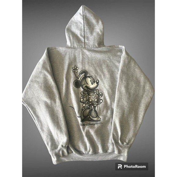 Minnie Mouse Hooded Fleece Zip Jacket Women’s Size Large Pockets Gray Retro - Picture 1 of 9